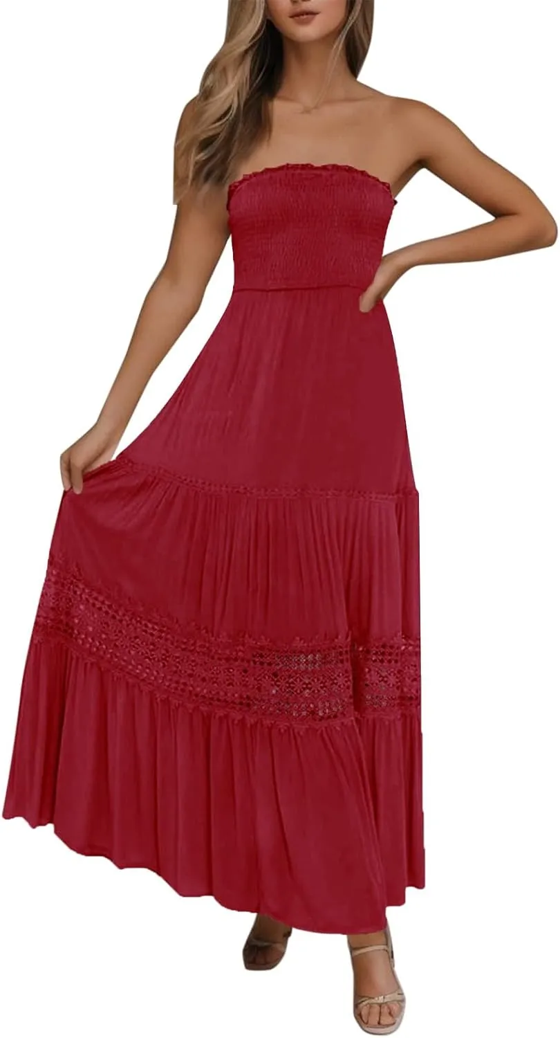 Western Dress for Women Elegant Casual Lace Ruffles Hem Strapless Semi Formal Dress Fashion Cacktail Party Sundresses