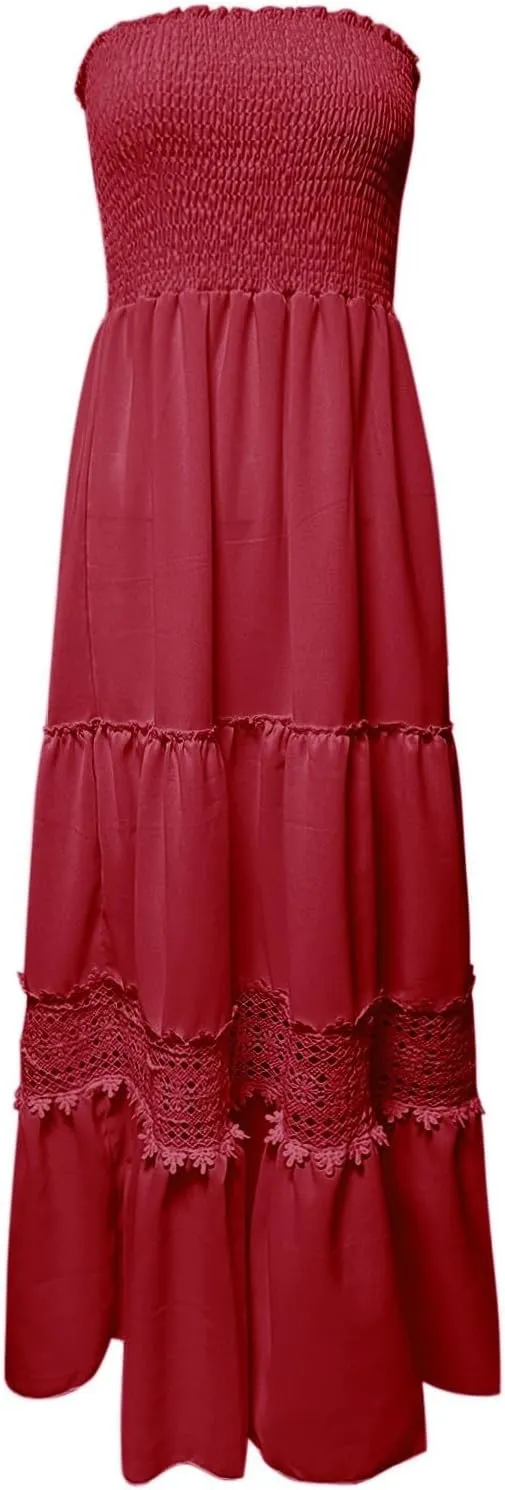 Western Dress for Women Elegant Casual Lace Ruffles Hem Strapless Semi Formal Dress Fashion Cacktail Party Sundresses