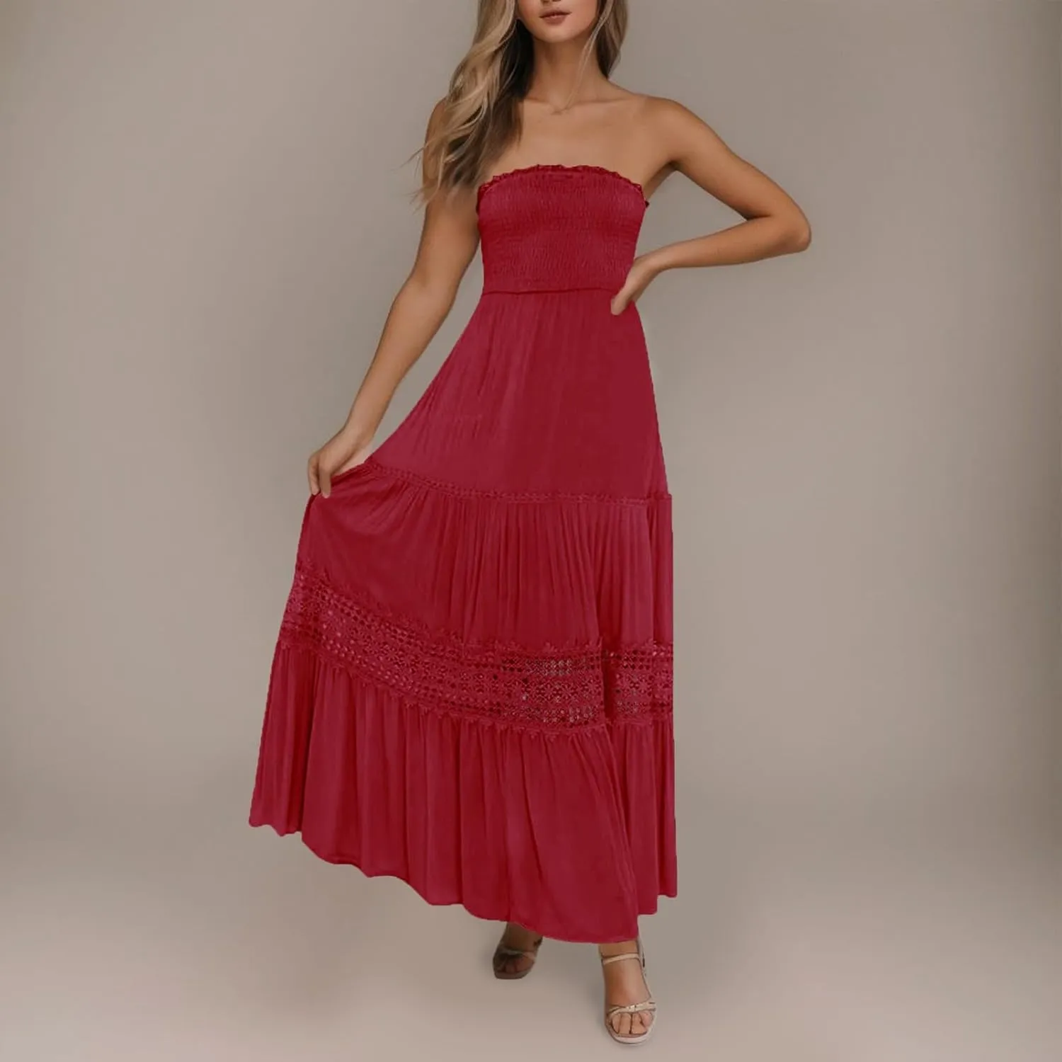 Western Dress for Women Elegant Casual Lace Ruffles Hem Strapless Semi Formal Dress Fashion Cacktail Party Sundresses