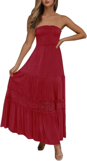 Western Dress for Women Elegant Casual Lace Ruffles Hem Strapless Semi Formal Dress Fashion Cacktail Party Sundresses