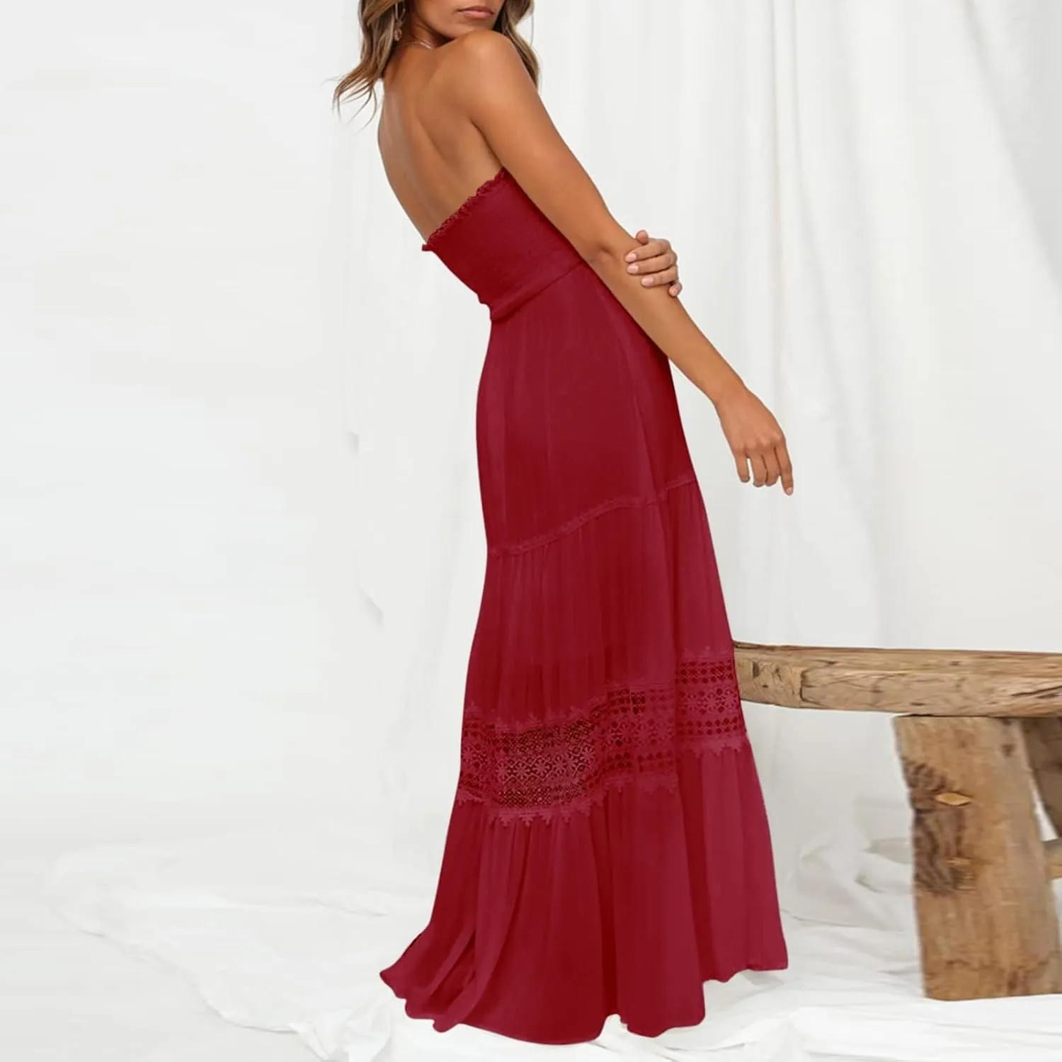 Western Dress for Women Elegant Casual Lace Ruffles Hem Strapless Semi Formal Dress Fashion Cacktail Party Sundresses