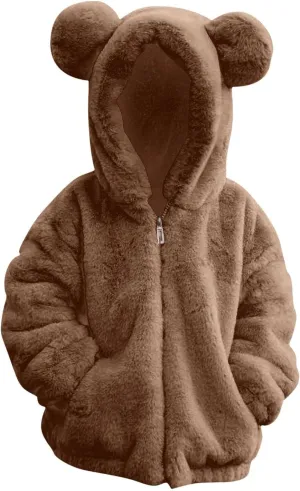 Winter Coats for Girls 4t Baby Fleece Hooded Jacket Cute Hoodie Cotton Coat Winter Warm Bear Ear Jacket with Streamers