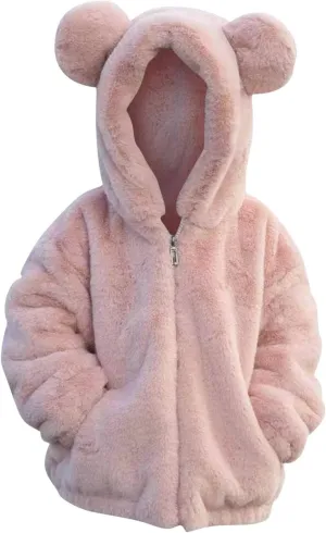 Winter Coats for Girls 4t Baby Fleece Hooded Jacket Cute Hoodie Cotton Coat Winter Warm Bear Ear Jacket with Streamers