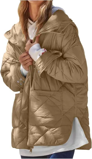 Winter Coats for Women Casual Solid Warm Quited Jacket Loose Long Sleeve Plaid Puffer Down Coat 2024 Fashion Outwear