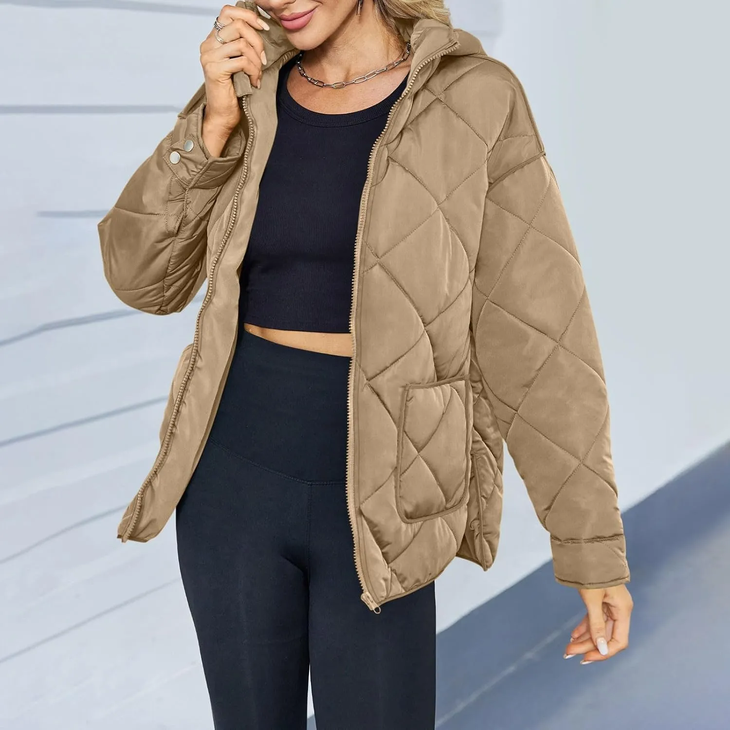 Winter Coats for Women Casual Solid Warm Quited Jacket Loose Long Sleeve Plaid Puffer Down Coat 2024 Fashion Outwear
