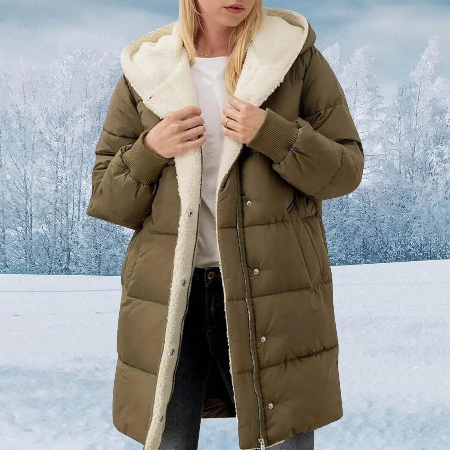 Winter Warm Coats for Women Warm Down Jacket Sherpa Fleece Lined Long Hooded Puffer Jacket Winter Fashion Clothes