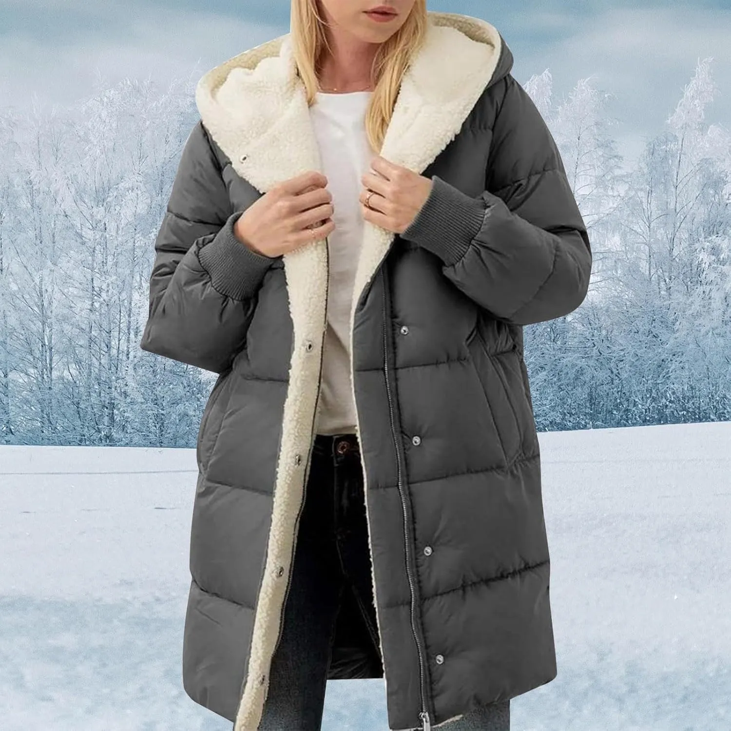 Winter Warm Coats for Women Warm Down Jacket Sherpa Fleece Lined Long Hooded Puffer Jacket Winter Fashion Clothes