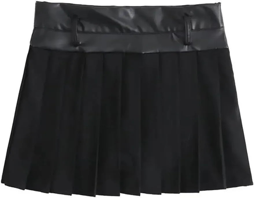 Women All Season Faux Leather Splicing Pleated Mini Skirts Slim Office Skirts Streetwear Short Skort Skirts