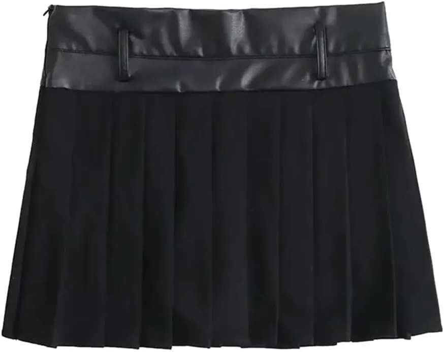 Women All Season Faux Leather Splicing Pleated Mini Skirts Slim Office Skirts Streetwear Short Skort Skirts