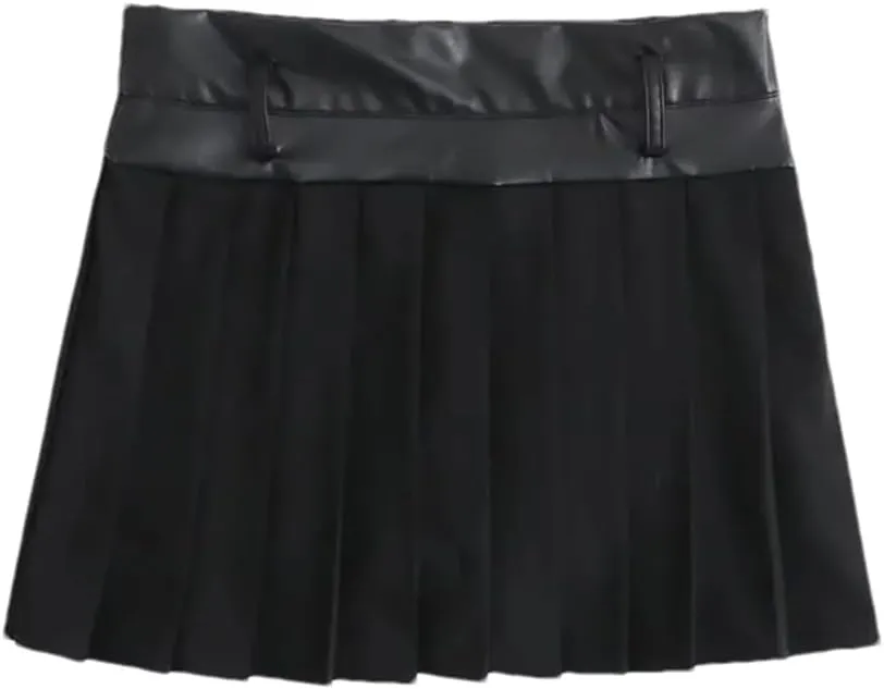 Women All Season Faux Leather Splicing Pleated Mini Skirts Slim Office Skirts Streetwear Short Skort Skirts