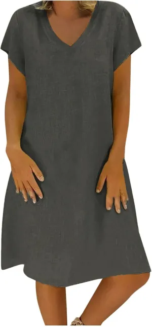 Women Cotton Linen Boho Dress Causal Summer Gauze Dresses Short Sleeve T Shirt Dress Trendy Dressy Ladies Clothing