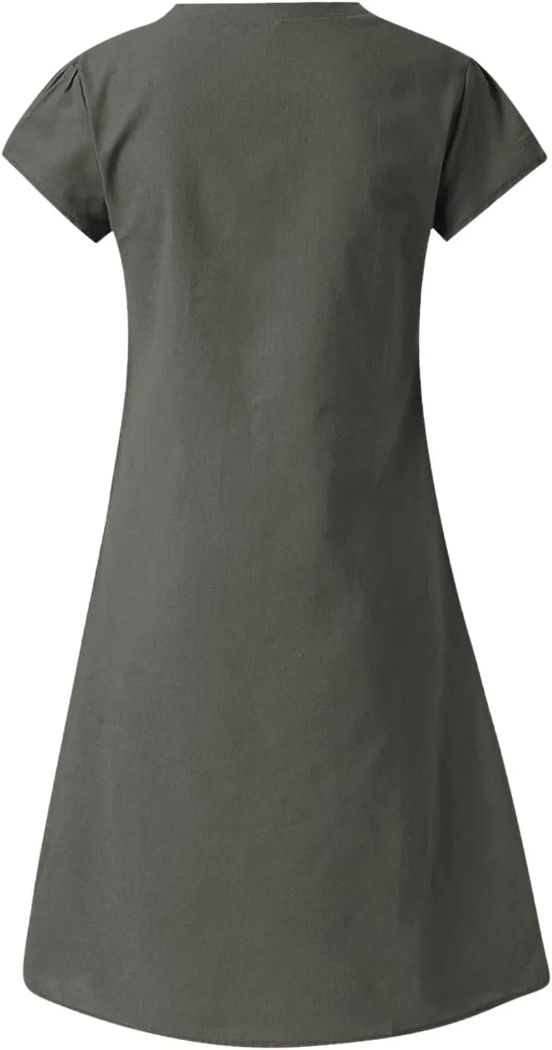 Women Cotton Linen Boho Dress Causal Summer Gauze Dresses Short Sleeve T Shirt Dress Trendy Dressy Ladies Clothing