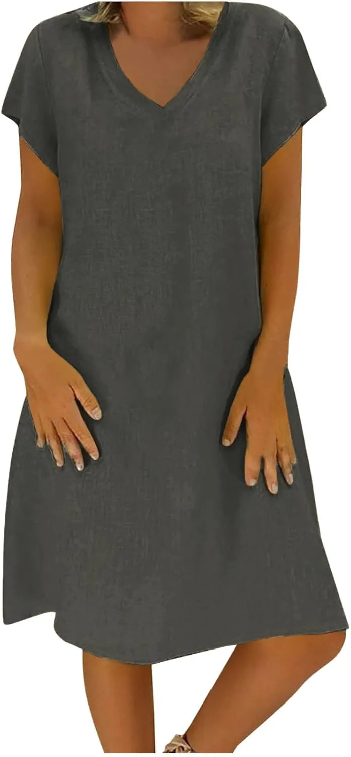 Women Cotton Linen Boho Dress Causal Summer Gauze Dresses Short Sleeve T Shirt Dress Trendy Dressy Ladies Clothing