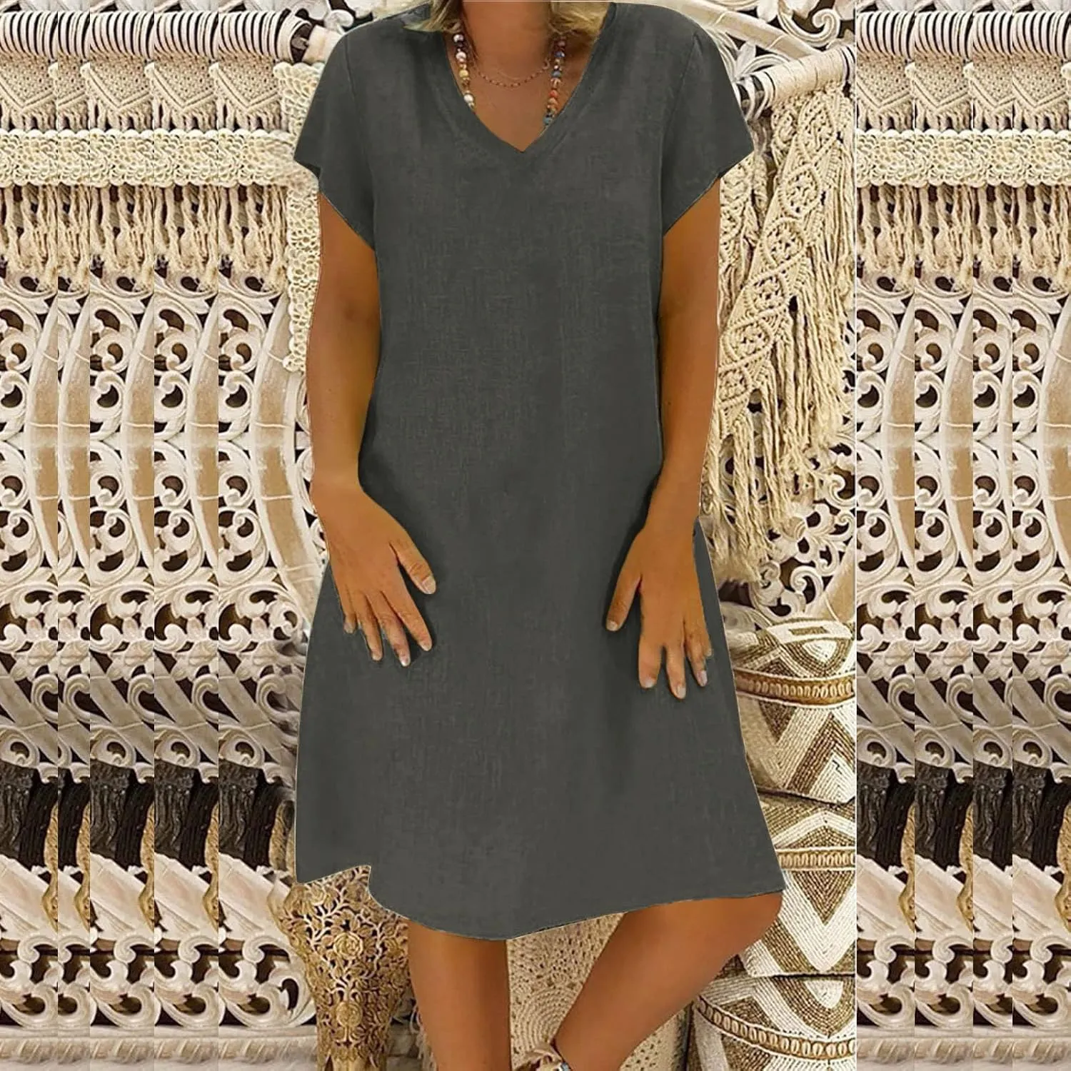 Women Cotton Linen Boho Dress Causal Summer Gauze Dresses Short Sleeve T Shirt Dress Trendy Dressy Ladies Clothing