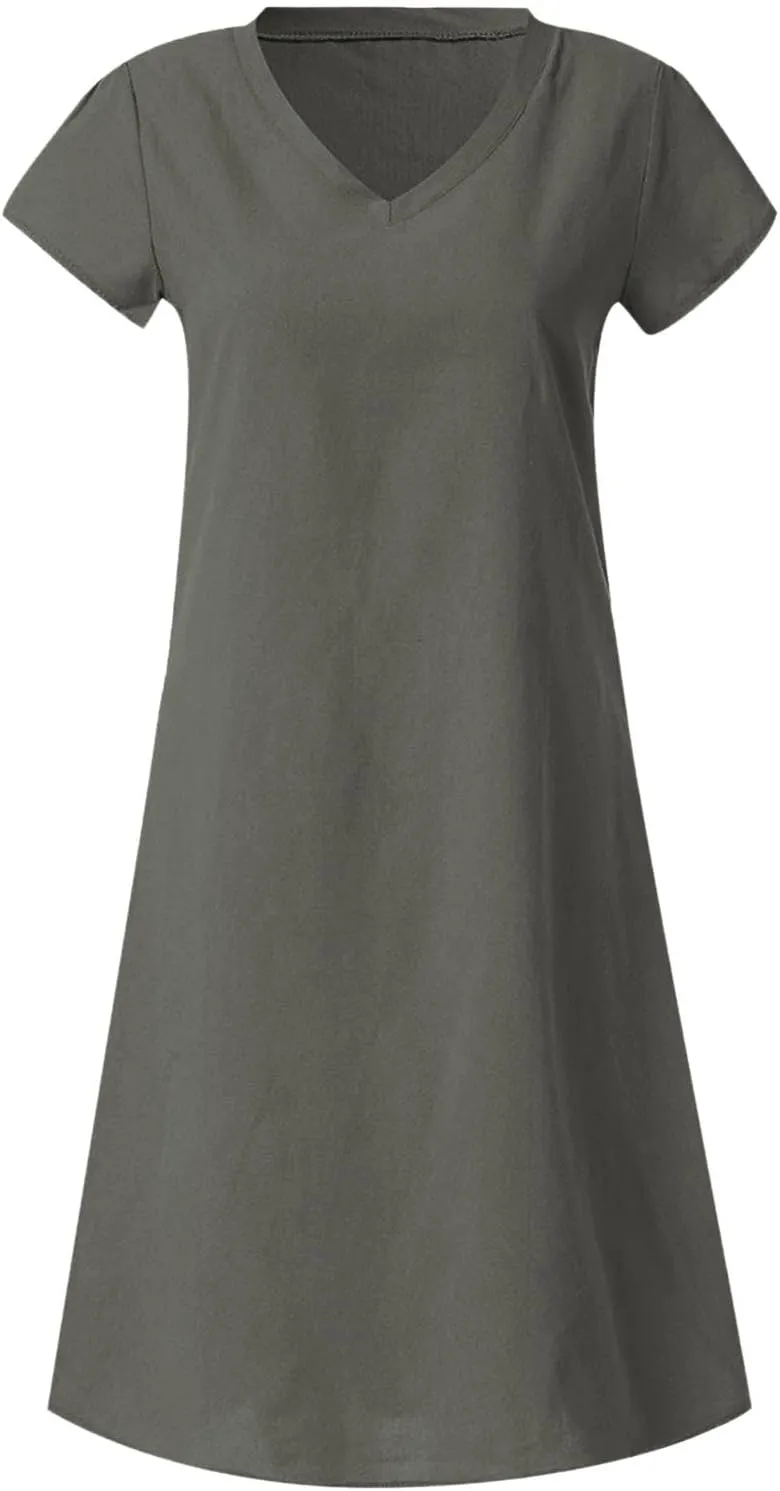 Women Cotton Linen Boho Dress Causal Summer Gauze Dresses Short Sleeve T Shirt Dress Trendy Dressy Ladies Clothing