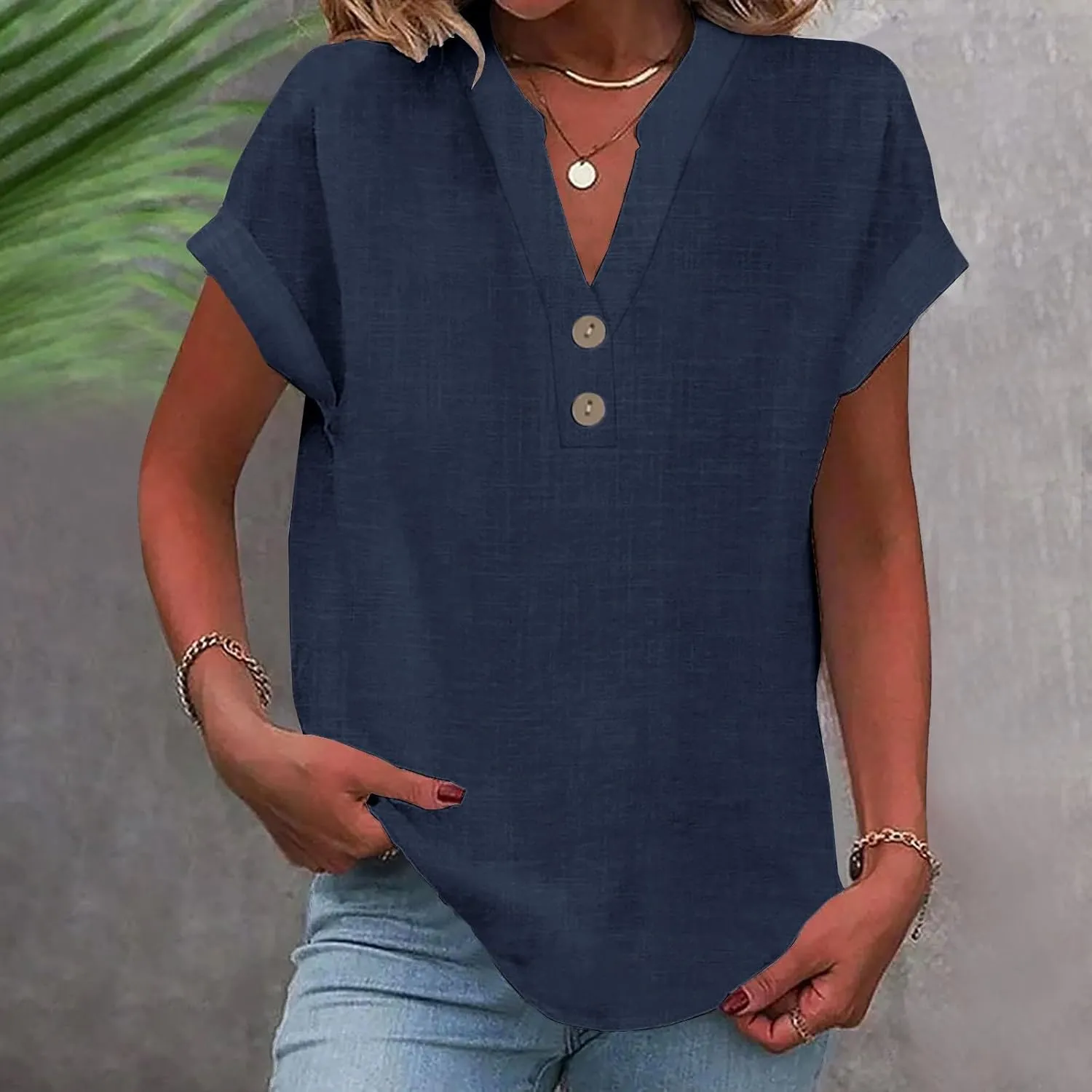 Women Cotton Linen Summer Shirts Guaze Tunic Tops Button V Neck Short Sleeve Blouses Loose Fit Ladies Clothes 2025