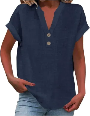 Women Cotton Linen Summer Shirts Guaze Tunic Tops Button V Neck Short Sleeve Blouses Loose Fit Ladies Clothes 2025