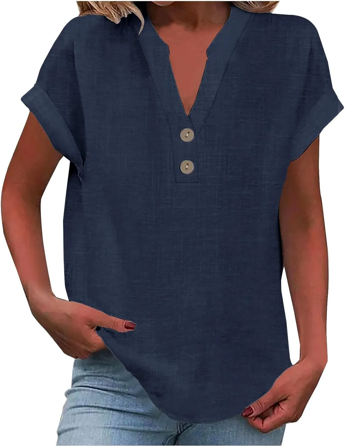 Women Cotton Linen Summer Shirts Guaze Tunic Tops Button V Neck Short Sleeve Blouses Loose Fit Ladies Clothes 2025