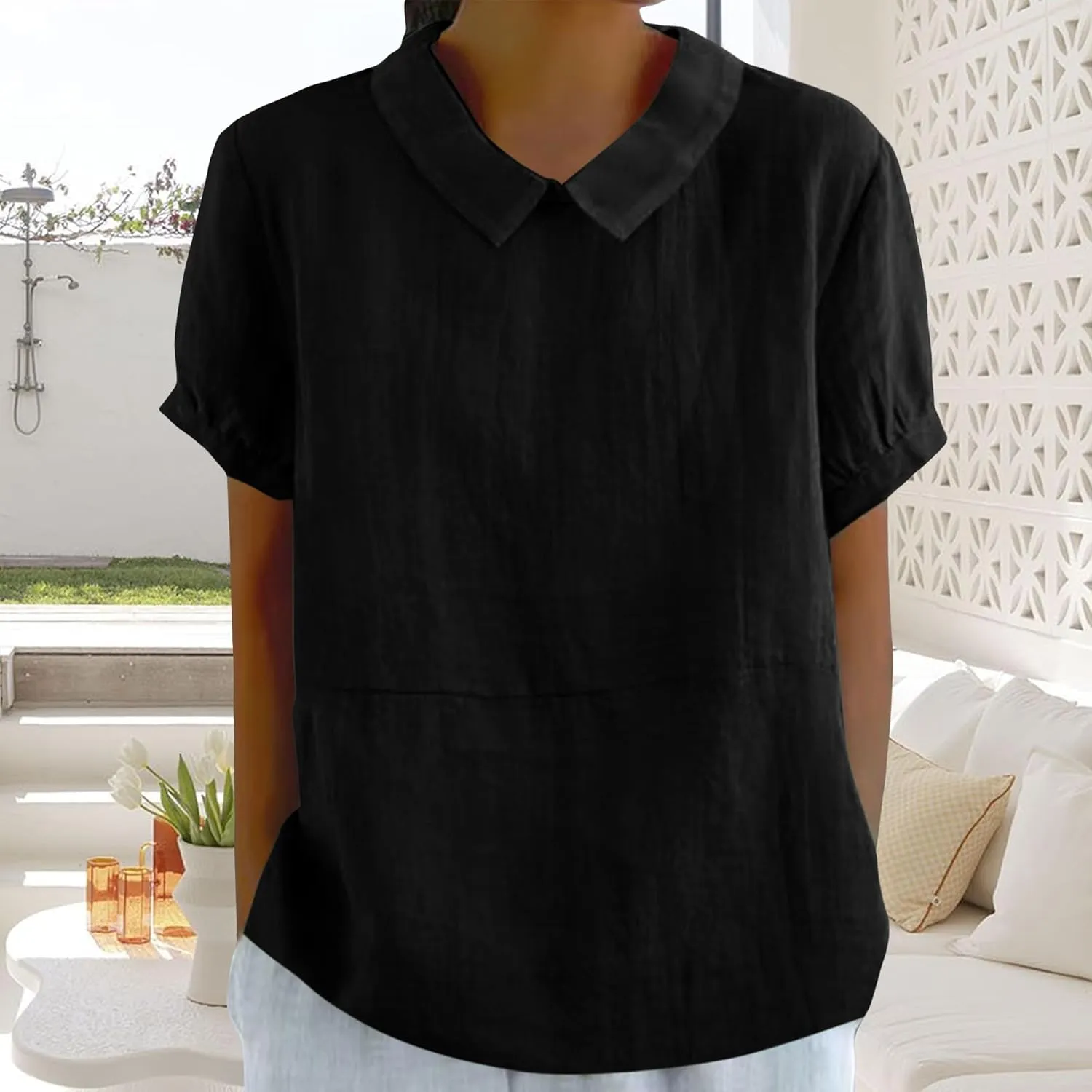 Women Cotton Linen Tops Summer Solid Collared Short Sleeve Shirt Casual Loose Tunic Tops Blouses 2024