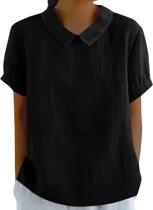 Women Cotton Linen Tops Summer Solid Collared Short Sleeve Shirt Casual Loose Tunic Tops Blouses 2024