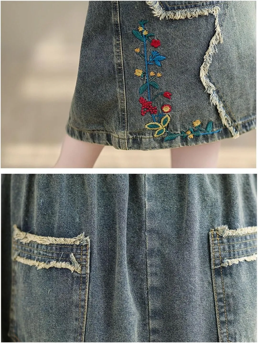 Women Elastic Waisted Denim Skirts Embroidery Floral Vintage Jeans Skirts Loose A-Line Retro Midi Skirts