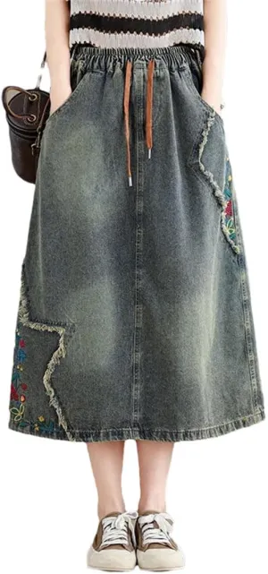 Women Elastic Waisted Denim Skirts Embroidery Floral Vintage Jeans Skirts Loose A-Line Retro Midi Skirts