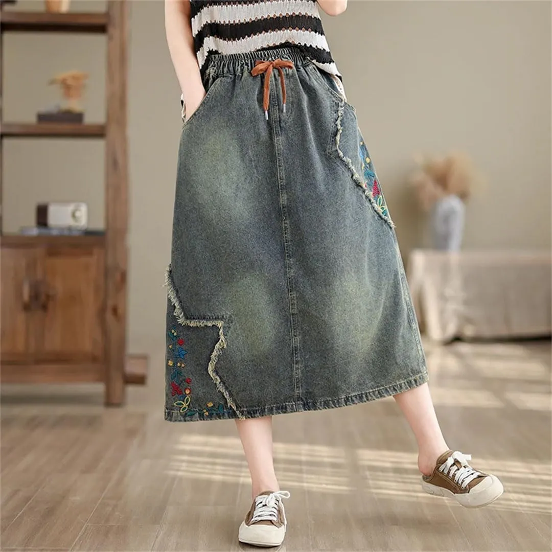 Women Elastic Waisted Denim Skirts Embroidery Floral Vintage Jeans Skirts Loose A-Line Retro Midi Skirts