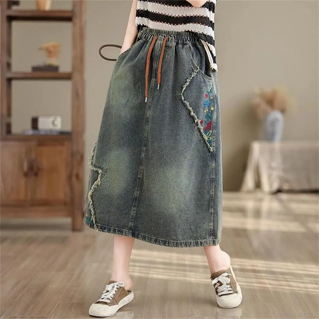 Women Elastic Waisted Denim Skirts Embroidery Floral Vintage Jeans Skirts Loose A-Line Retro Midi Skirts