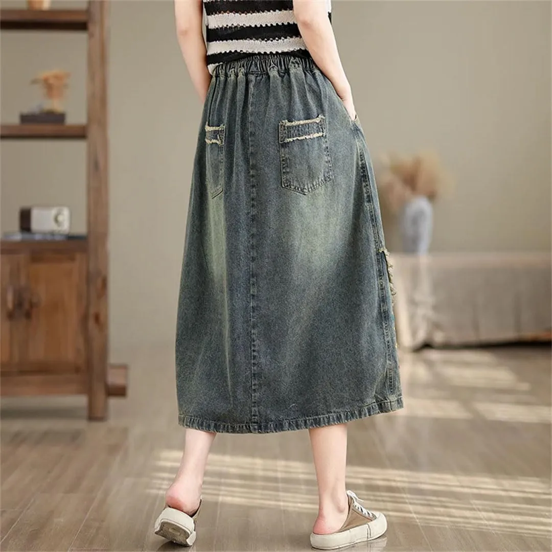 Women Elastic Waisted Denim Skirts Embroidery Floral Vintage Jeans Skirts Loose A-Line Retro Midi Skirts