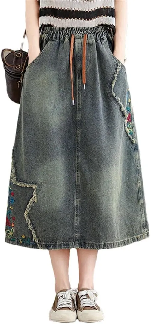 Women Elastic Waisted Denim Skirts Embroidery Floral Vintage Jeans Skirts Loose A-Line Retro Midi Skirts