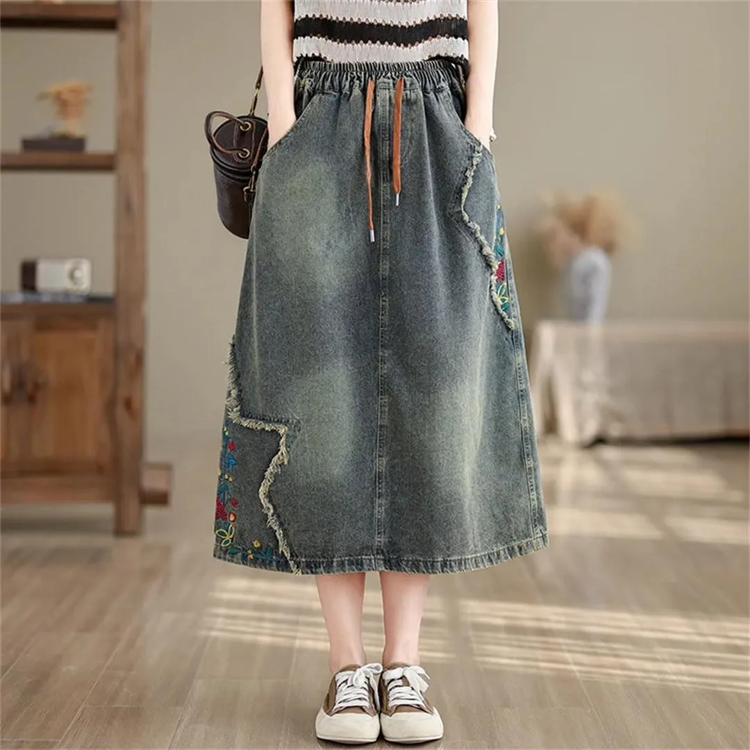 Women Elastic Waisted Denim Skirts Embroidery Floral Vintage Jeans Skirts Loose A-Line Retro Midi Skirts