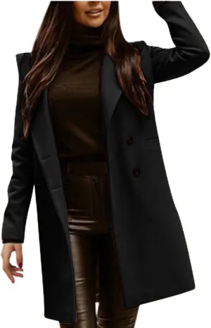 Women Elegant Notched Collar Double Breasted Wool Blend Over Coat Slim Fit Outerwear Jacket Outwear