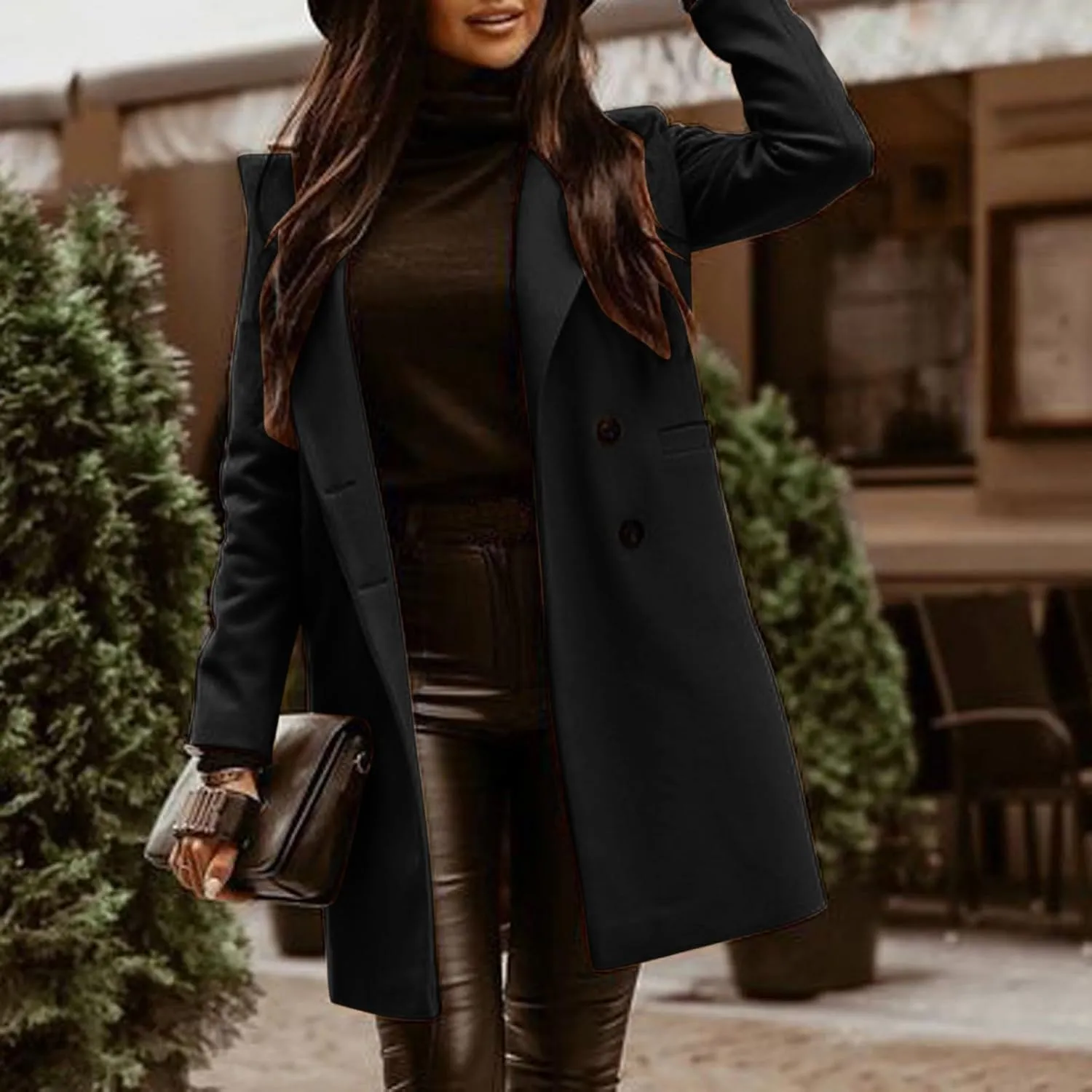 Women Elegant Notched Collar Double Breasted Wool Blend Over Coat Slim Fit Outerwear Jacket Outwear