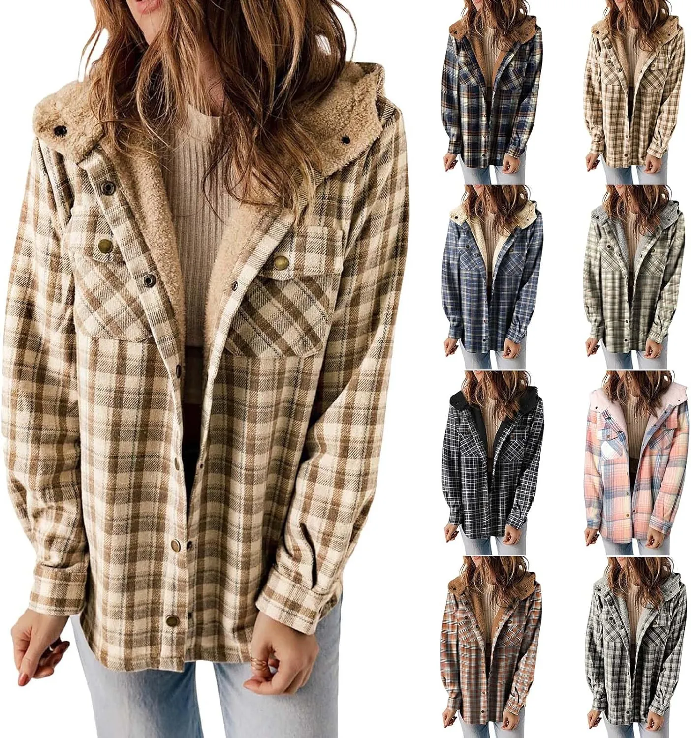 Women Flannel Plaid Shacket Jacket Sherpa Lined Jacket Casual Long Sleeve Button Down Fleece Hooded Jackets Outwear