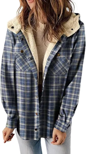 Women Flannel Plaid Shacket Jacket Sherpa Lined Jacket Casual Long Sleeve Button Down Fleece Hooded Jackets Outwear