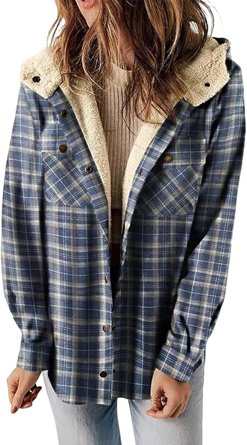 Women Flannel Plaid Shacket Jacket Sherpa Lined Jacket Casual Long Sleeve Button Down Fleece Hooded Jackets Outwear