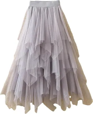 Women Irregular Tulle Skirts Fashion Elastic High Waist Mesh Skirt Pleated Long Skirts Midi Skirts Femmle