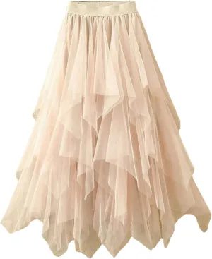 Women Irregular Tulle Skirts Fashion Elastic High Waist Mesh Skirt Pleated Long Skirts Midi Skirts Femmle