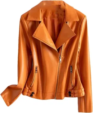 Women Lapel Collar Sleeve Leather Coats Zipper Short Moto Biker Jackets Black Sheepskin Jackets