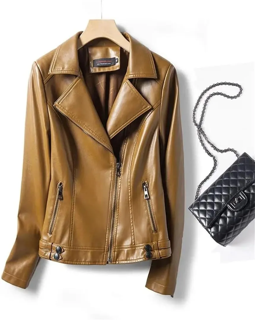 Women Lapel Collar Sleeve Leather Coats Zipper Short Moto Biker Jackets Black Sheepskin Jackets
