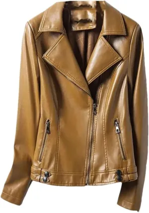 Women Lapel Collar Sleeve Leather Coats Zipper Short Moto Biker Jackets Black Sheepskin Jackets