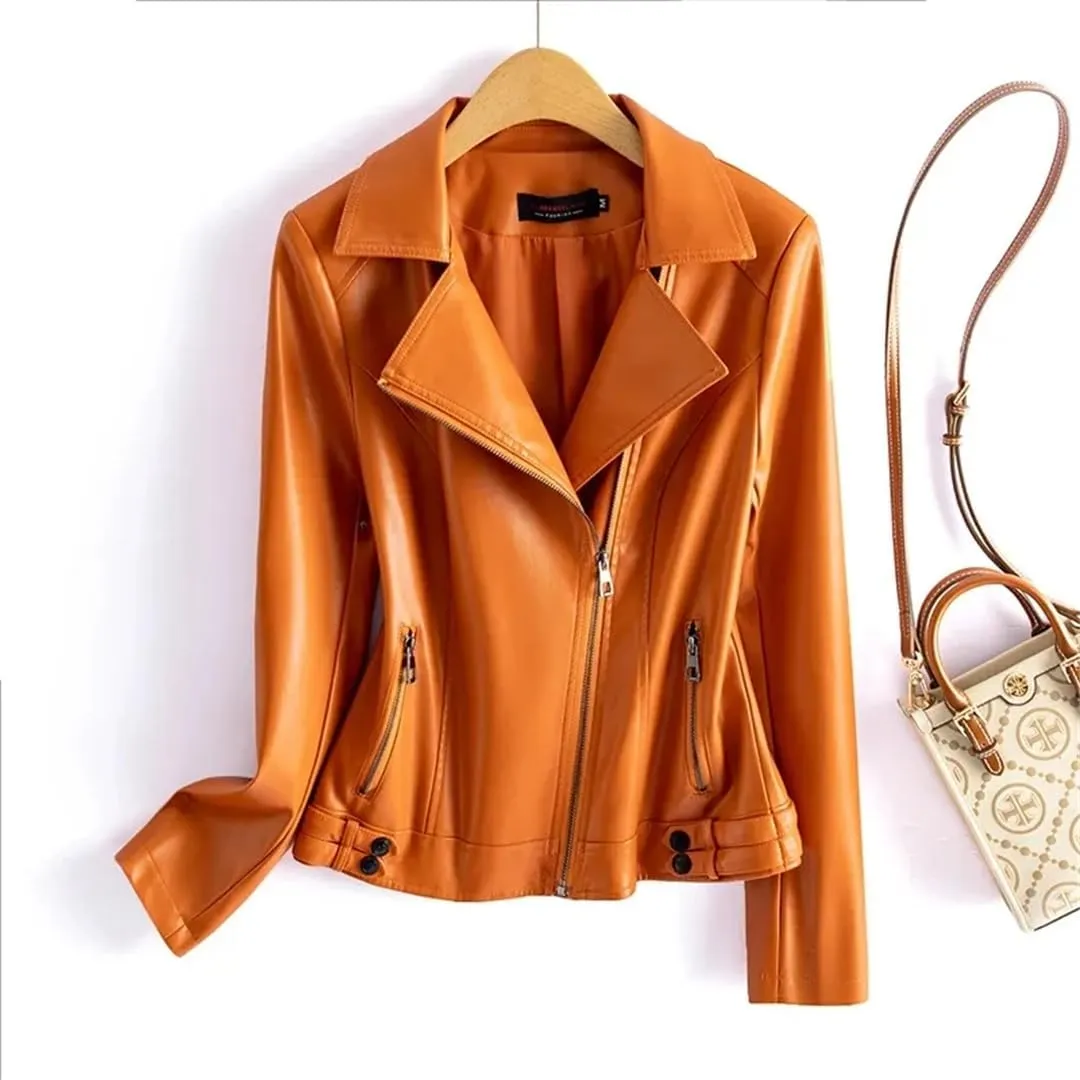 Women Lapel Collar Sleeve Leather Coats Zipper Short Moto Biker Jackets Black Sheepskin Jackets