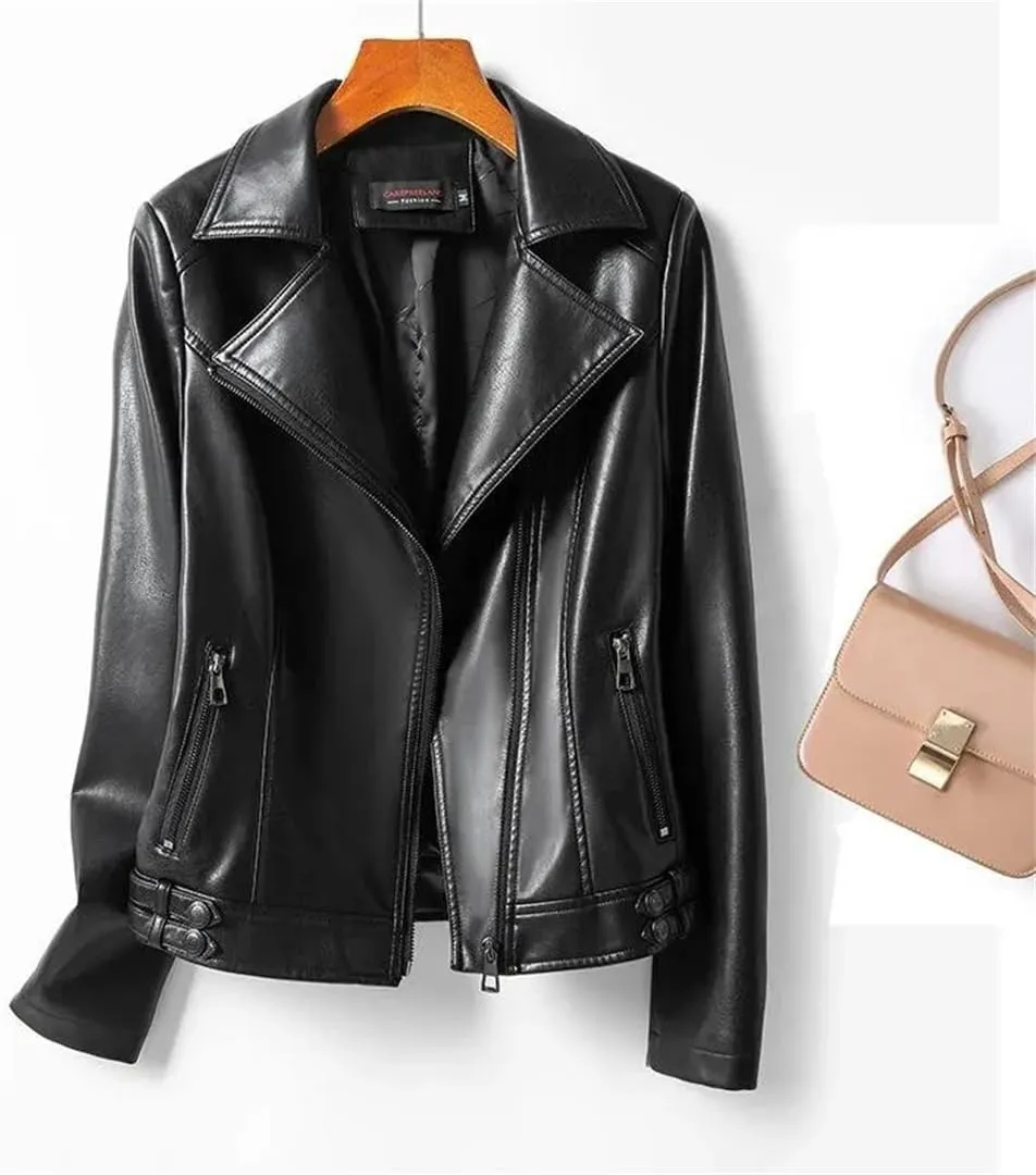 Women Lapel Collar Sleeve Leather Coats Zipper Short Moto Biker Jackets Black Sheepskin Jackets