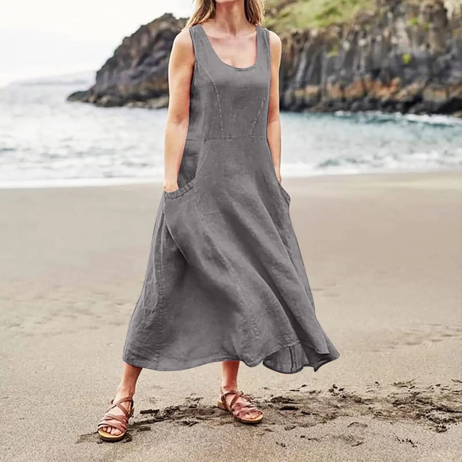 Women Linen Dresses Summer Sleeveless Maxi Dress Cute Hawaiian Dresses Plus Size Dress Long with Pockects
