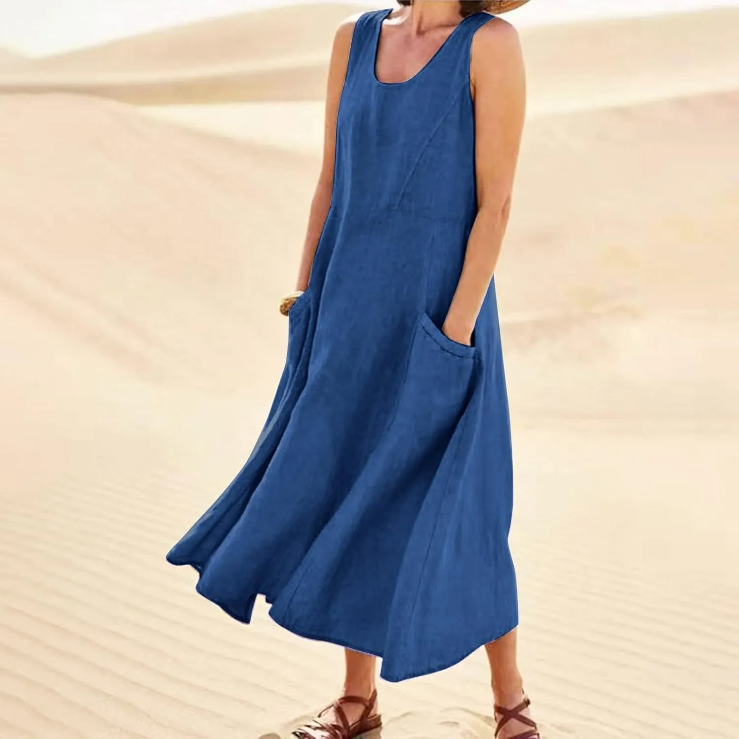 Women Linen Dresses Summer Sleeveless Maxi Dress Cute Hawaiian Dresses Plus Size Dress Long with Pockects