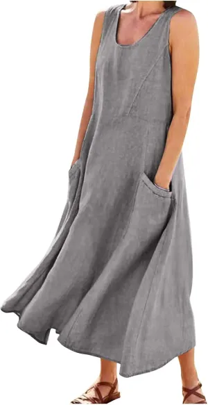 Women Linen Dresses Summer Sleeveless Maxi Dress Cute Hawaiian Dresses Plus Size Dress Long with Pockects