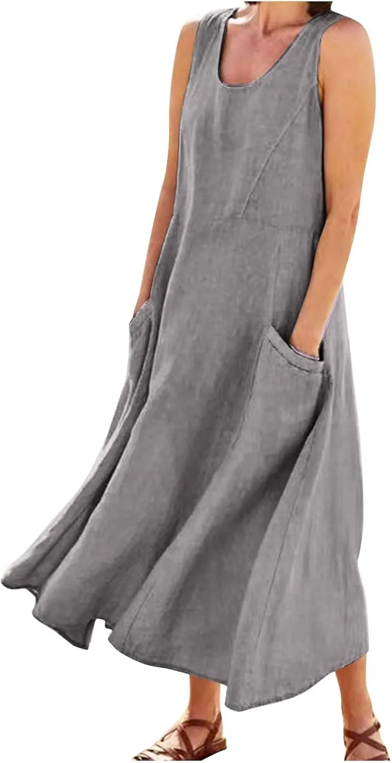 Women Linen Dresses Summer Sleeveless Maxi Dress Cute Hawaiian Dresses Plus Size Dress Long with Pockects