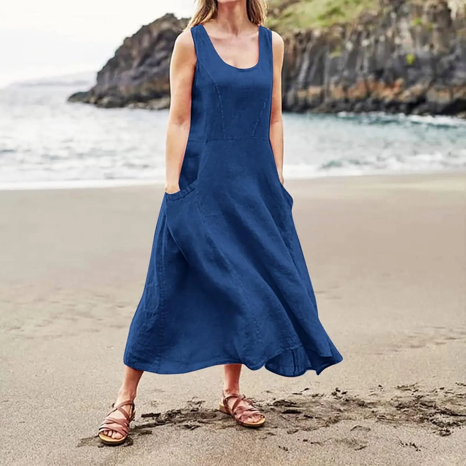 Women Linen Dresses Summer Sleeveless Maxi Dress Cute Hawaiian Dresses Plus Size Dress Long with Pockects