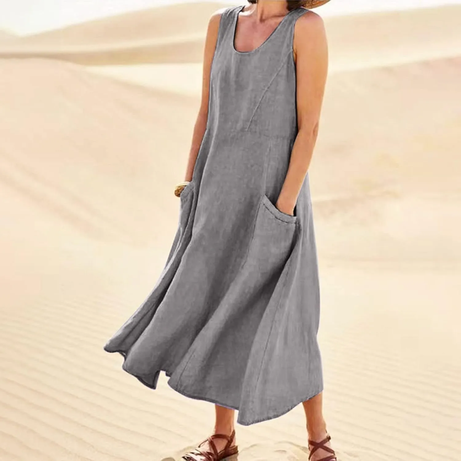 Women Linen Dresses Summer Sleeveless Maxi Dress Cute Hawaiian Dresses Plus Size Dress Long with Pockects