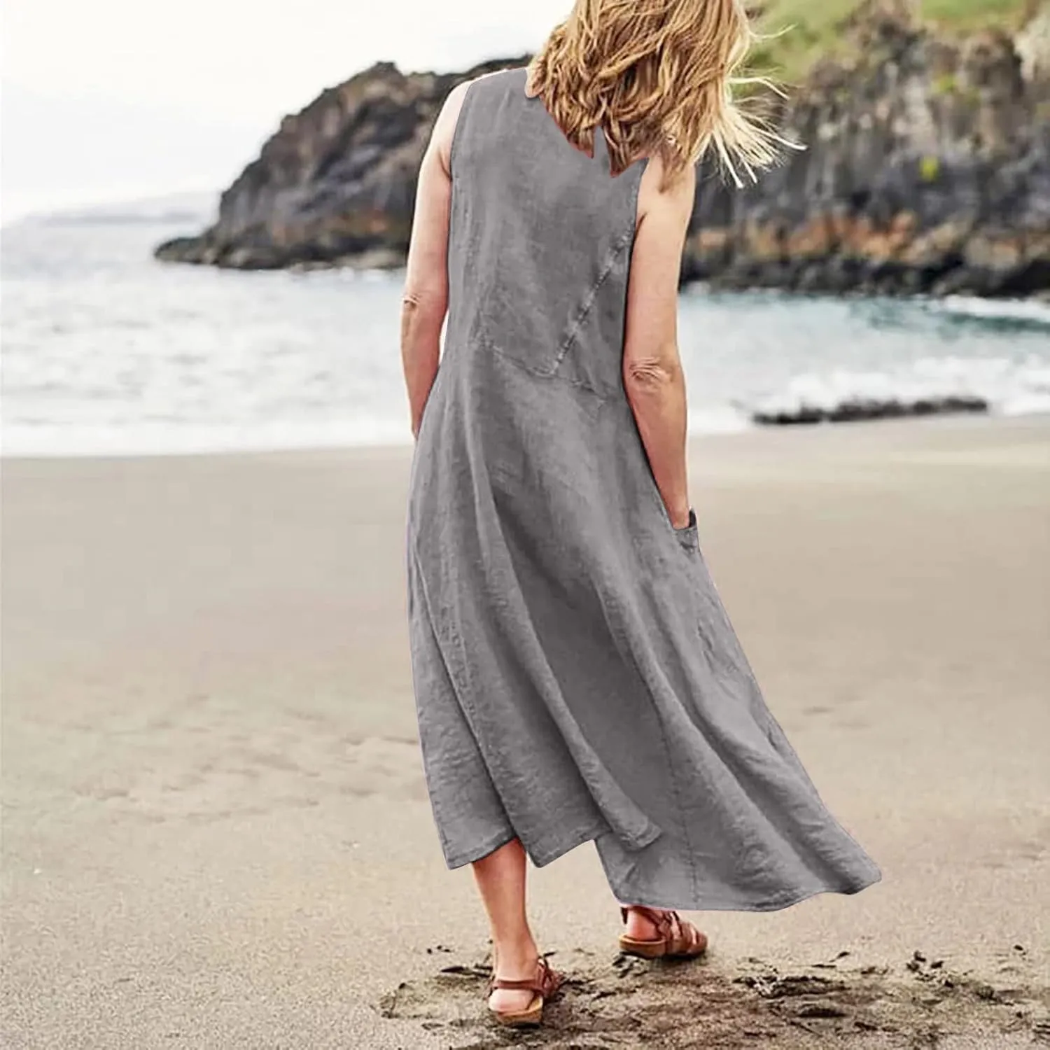 Women Linen Dresses Summer Sleeveless Maxi Dress Cute Hawaiian Dresses Plus Size Dress Long with Pockects